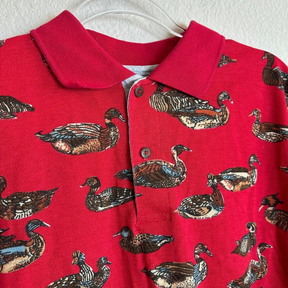 Vintage Bass Pro Shops Outdoors Men XXL Red All Over Duck Print Polo Shirt USA